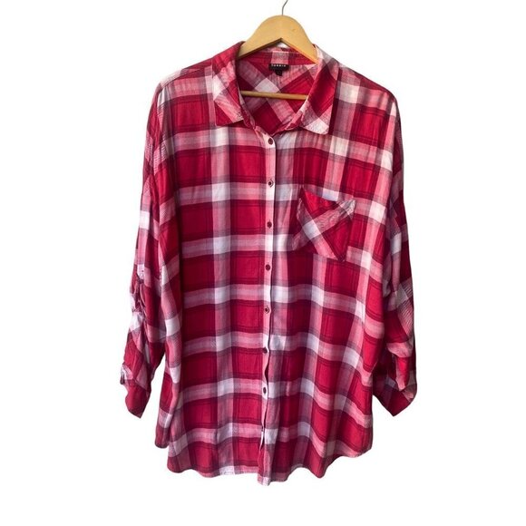 Torrid Long Sleeve Red‎ Pink Plaid 3/4 Roll Tab Sleeves Button Down 3XL - Picture 4 of 10